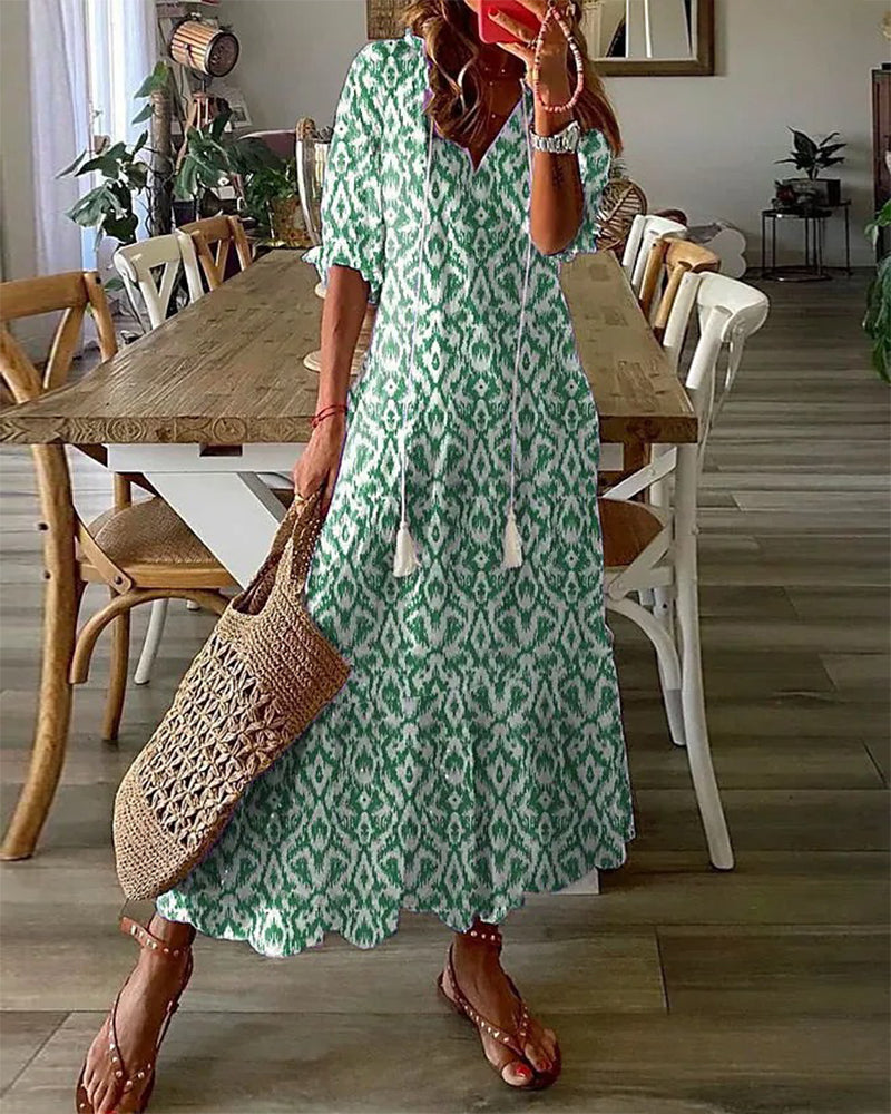 Andrea - Boho Vintage V-hals Printet Kjole 