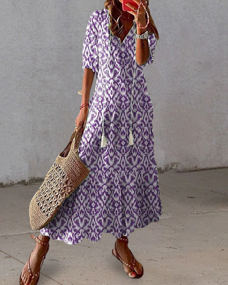 Andrea - Boho Vintage V-hals Printet Kjole 
