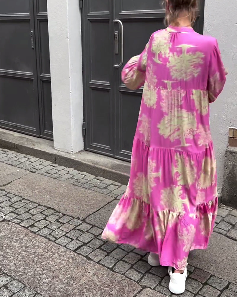 Giavanna - Afslappet lang kjole med vide ærmer og print