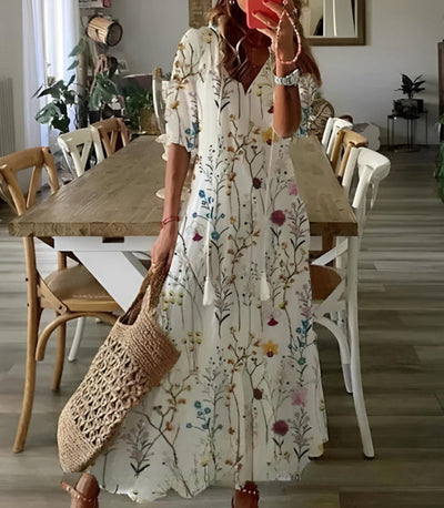 Andrea - Boho Vintage V-hals Printet Kjole 