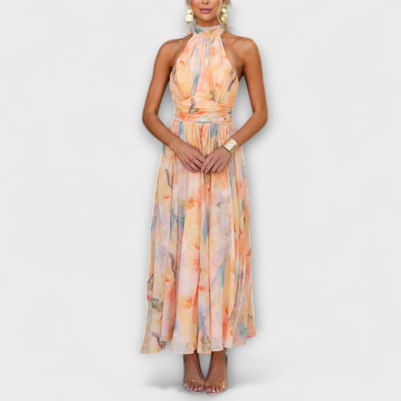 Joanna - Maxikjole med halterneck og akvarelprint