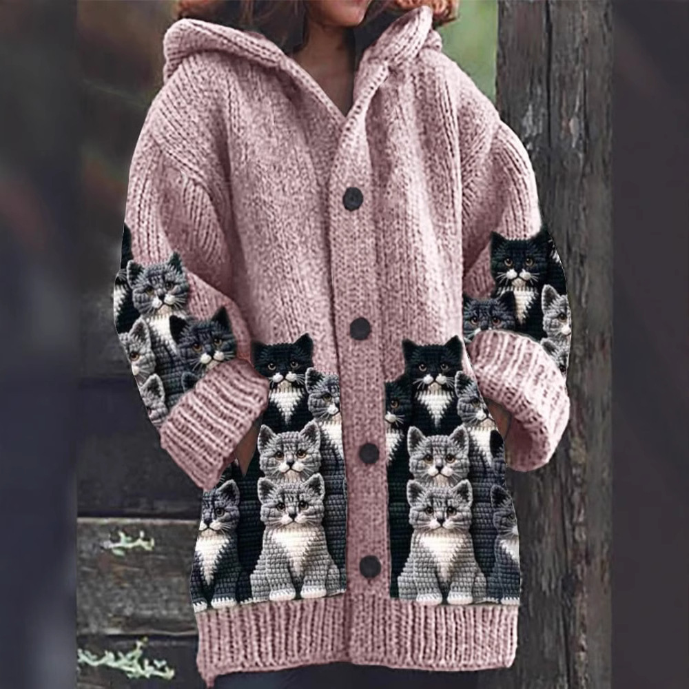 Jasmin - Hyggelig Strikcardigan med Katteprint 