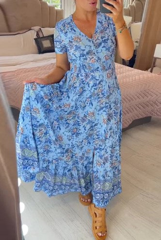 Ellie - Elegant Blomsterkjole med V-hals og Plisseret Kant