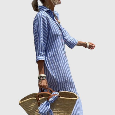 Elodie - Chic Stribet Skjortekjole Med Knapper