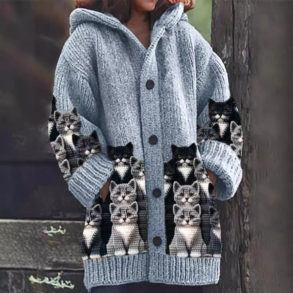 Jasmin - Hyggelig Strikcardigan med Katteprint 