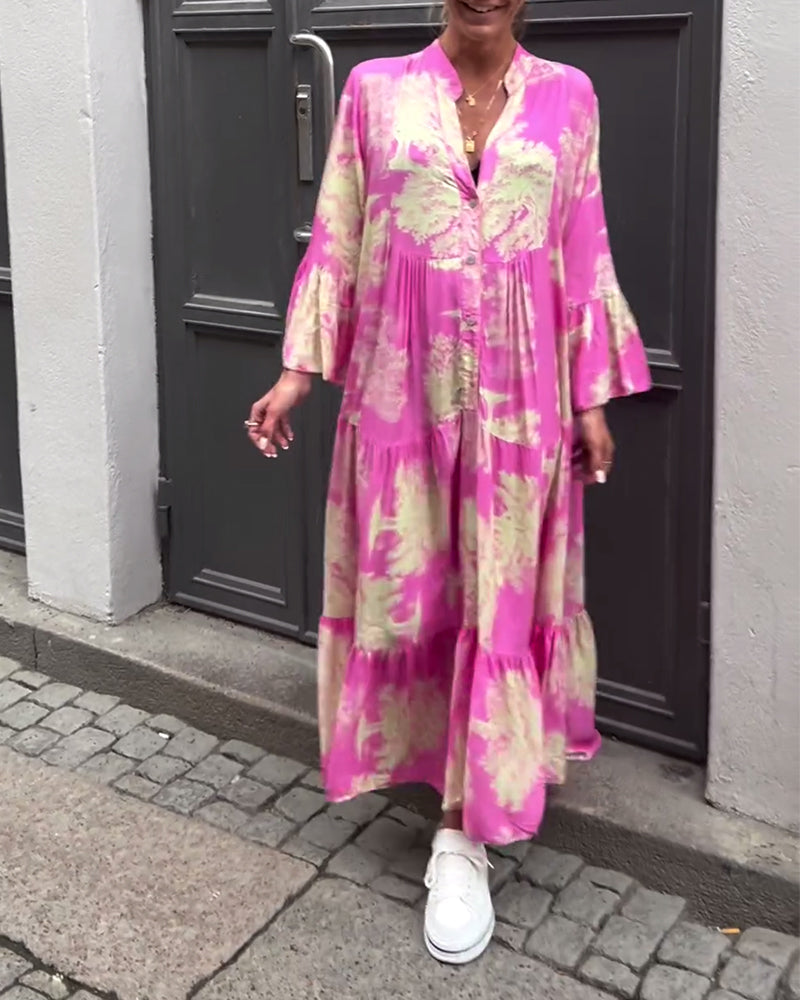 Giavanna - Afslappet lang kjole med vide ærmer og print
