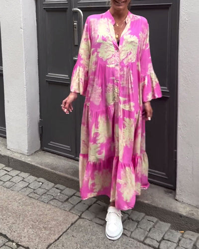 Giavanna - Afslappet lang kjole med vide ærmer og print