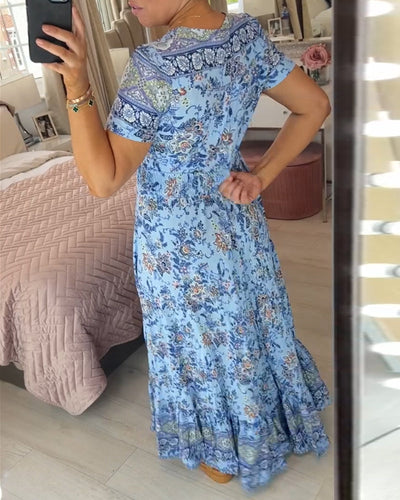 Ellie - Elegant Blomsterkjole med V-hals og Plisseret Kant