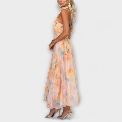 Joanna - Maxikjole med halterneck og akvarelprint