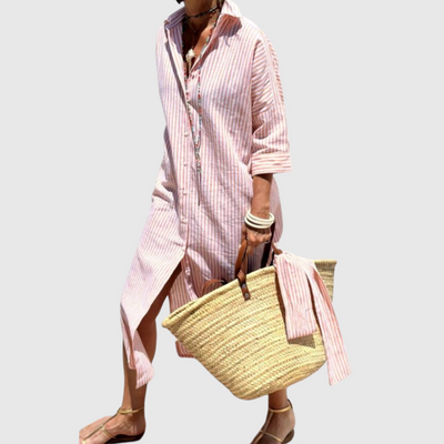 Elodie - Chic Stribet Skjortekjole Med Knapper