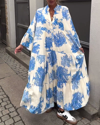 Giavanna - Afslappet lang kjole med vide ærmer og print