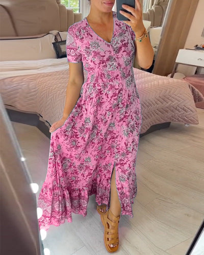 Ellie - Elegant Blomsterkjole med V-hals og Plisseret Kant