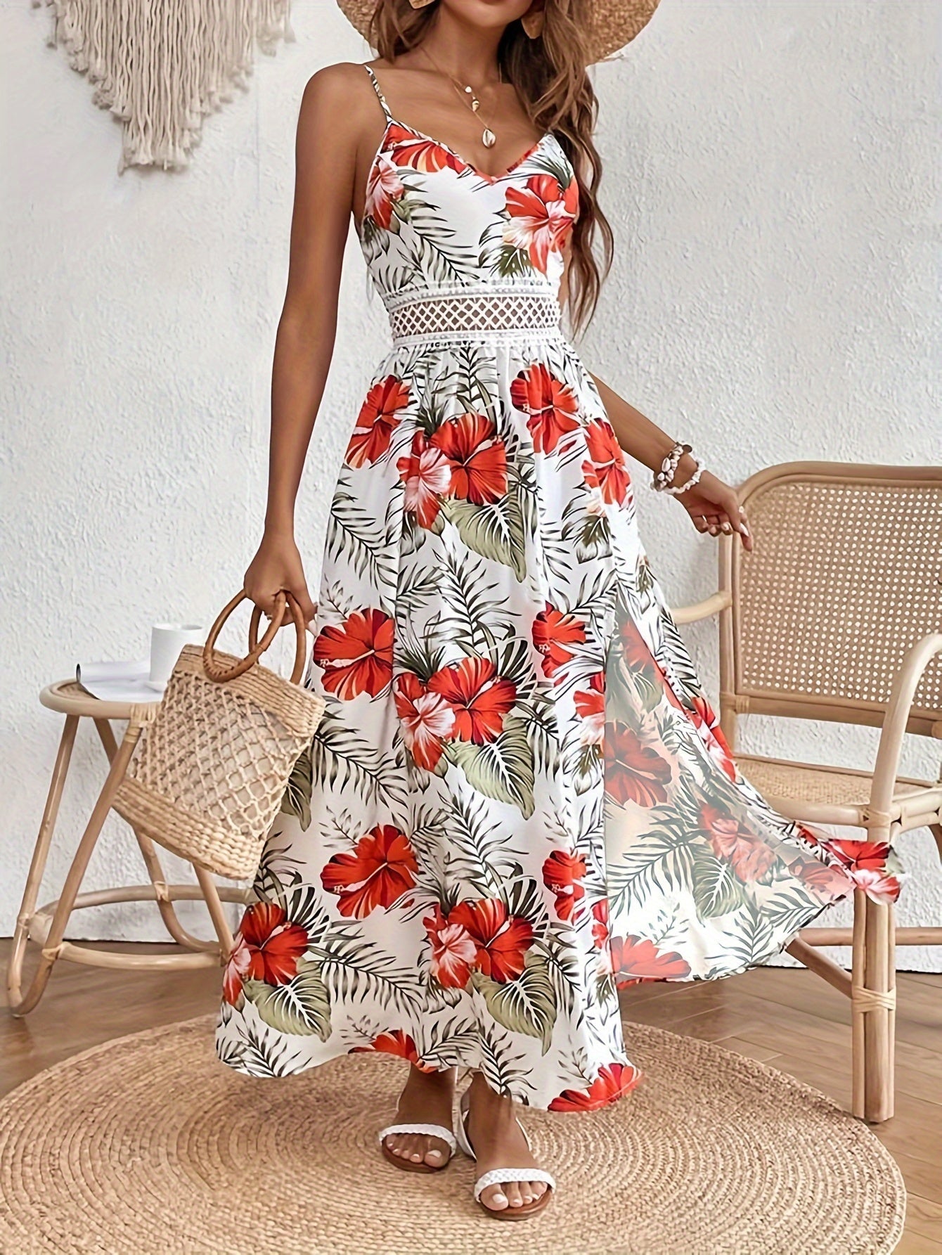 Maple - Floral V-hals Suspender Maxi Dres 