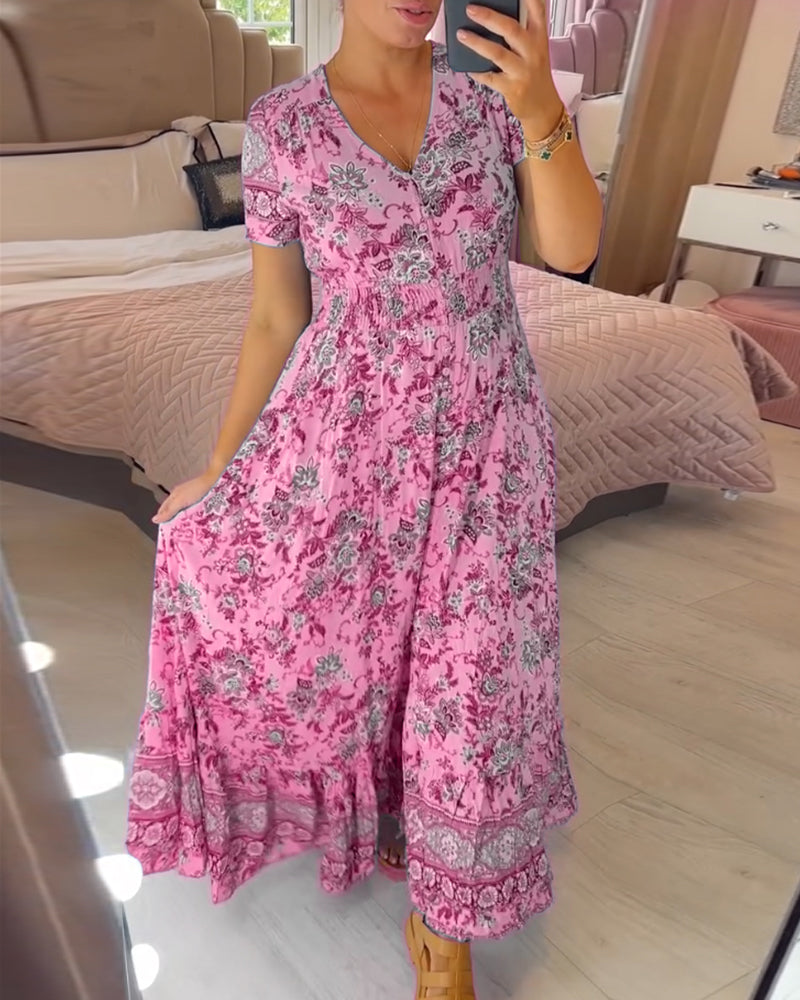 Ellie - Elegant Blomsterkjole med V-hals og Plisseret Kant