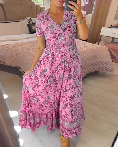 Ellie - Elegant Blomsterkjole med V-hals og Plisseret Kant