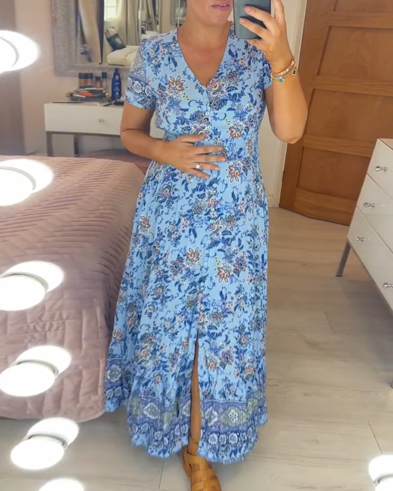 Ellie - Elegant Blomsterkjole med V-hals og Plisseret Kant