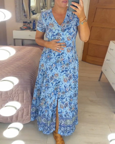 Ellie - Elegant Blomsterkjole med V-hals og Plisseret Kant