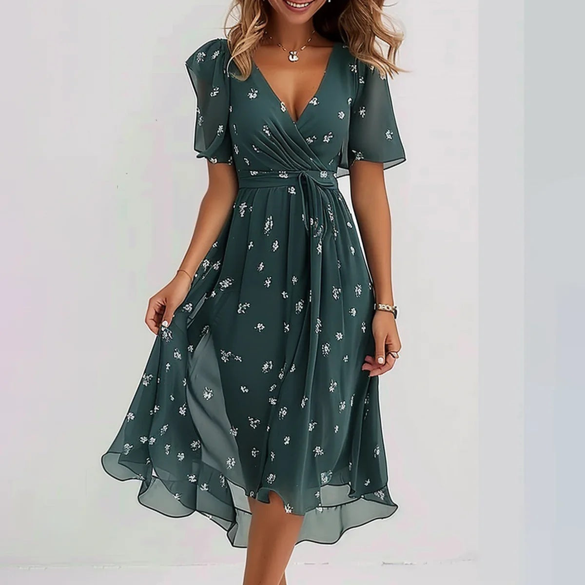 Sofia™ | Stilfuld Blomstret Midi Kjole