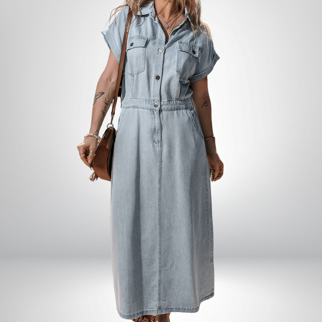 Katrine | Elegant Denimkjole med Korte Flagermusærmer