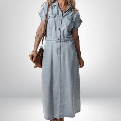Katrine | Elegant Denimkjole med Korte Flagermusærmer