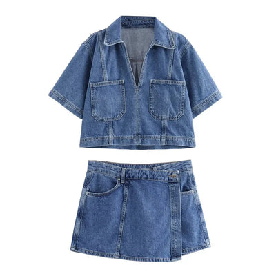 Amalie | V-hals Denim Sæt 