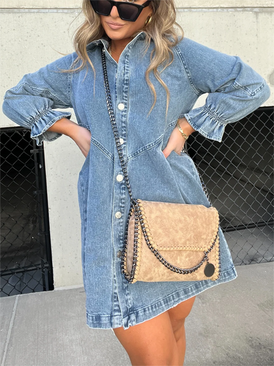 Galilea - Chic Midi-kjole i denim med nedadgående krave
