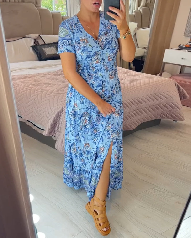 Ellie - Elegant Blomsterkjole med V-hals og Plisseret Kant