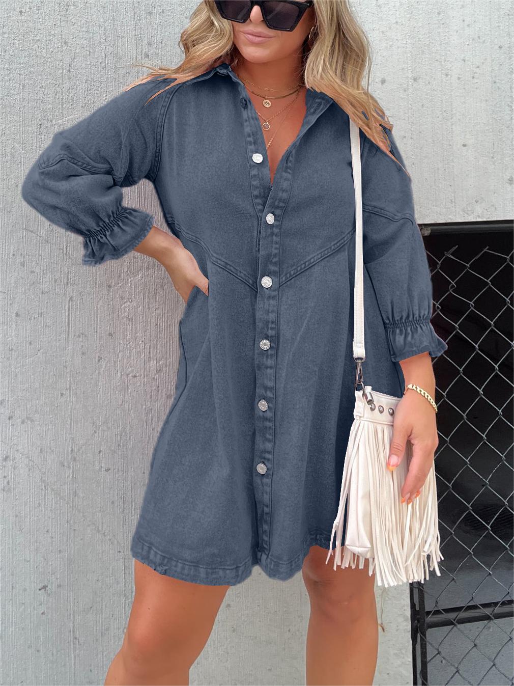 Galilea - Chic Midi-kjole i denim med nedadgående krave