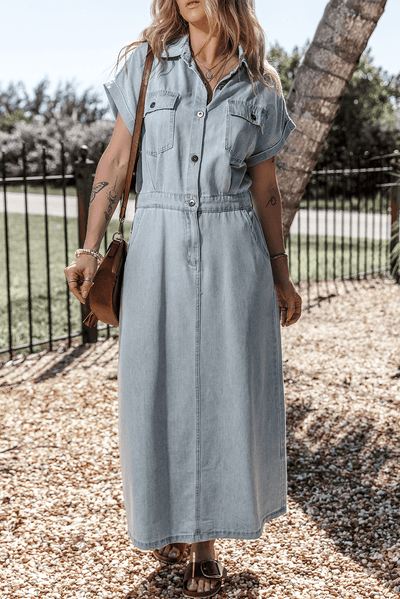 Katrine | Elegant Denimkjole med Korte Flagermusærmer