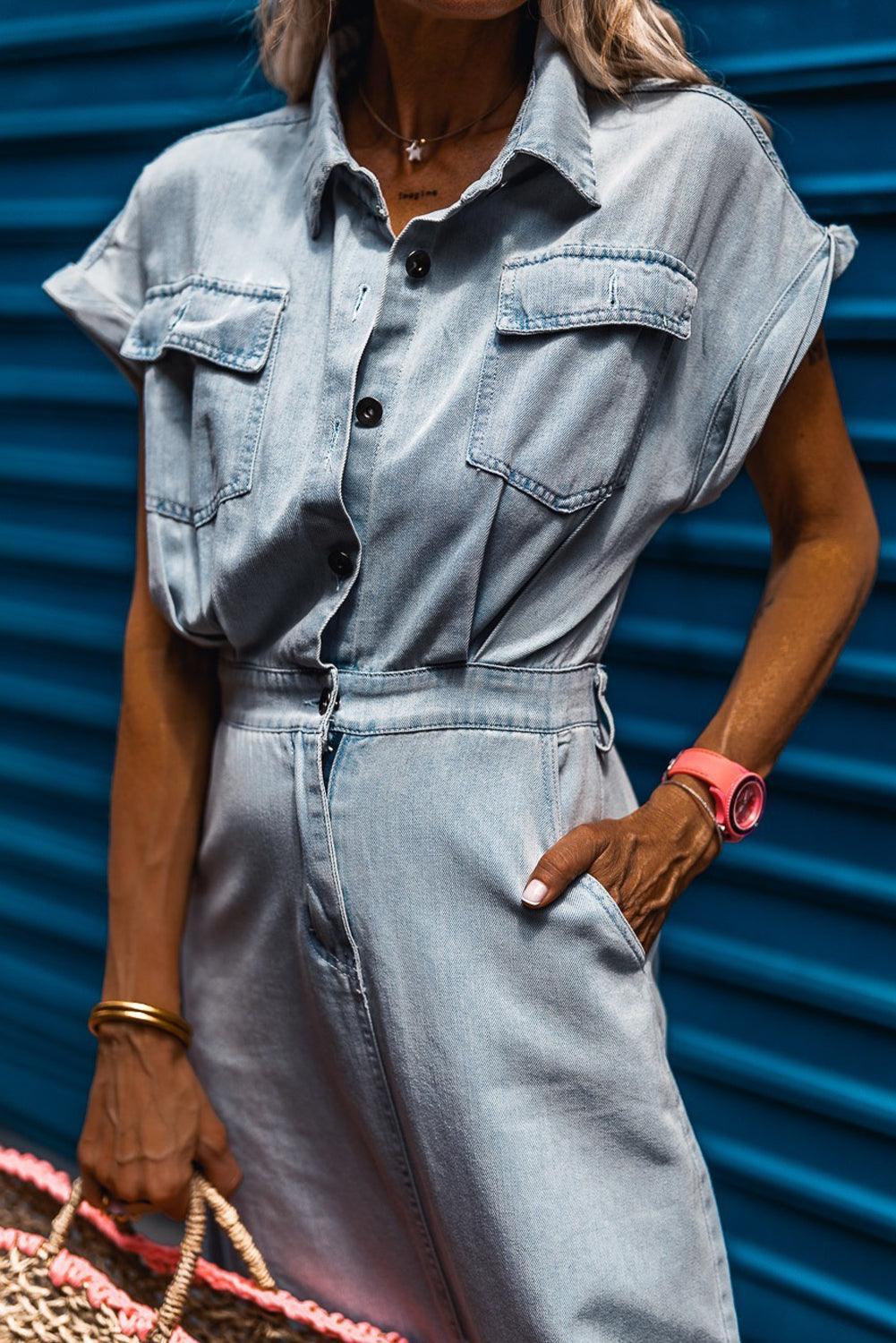 Katrine | Elegant Denimkjole med Korte Flagermusærmer