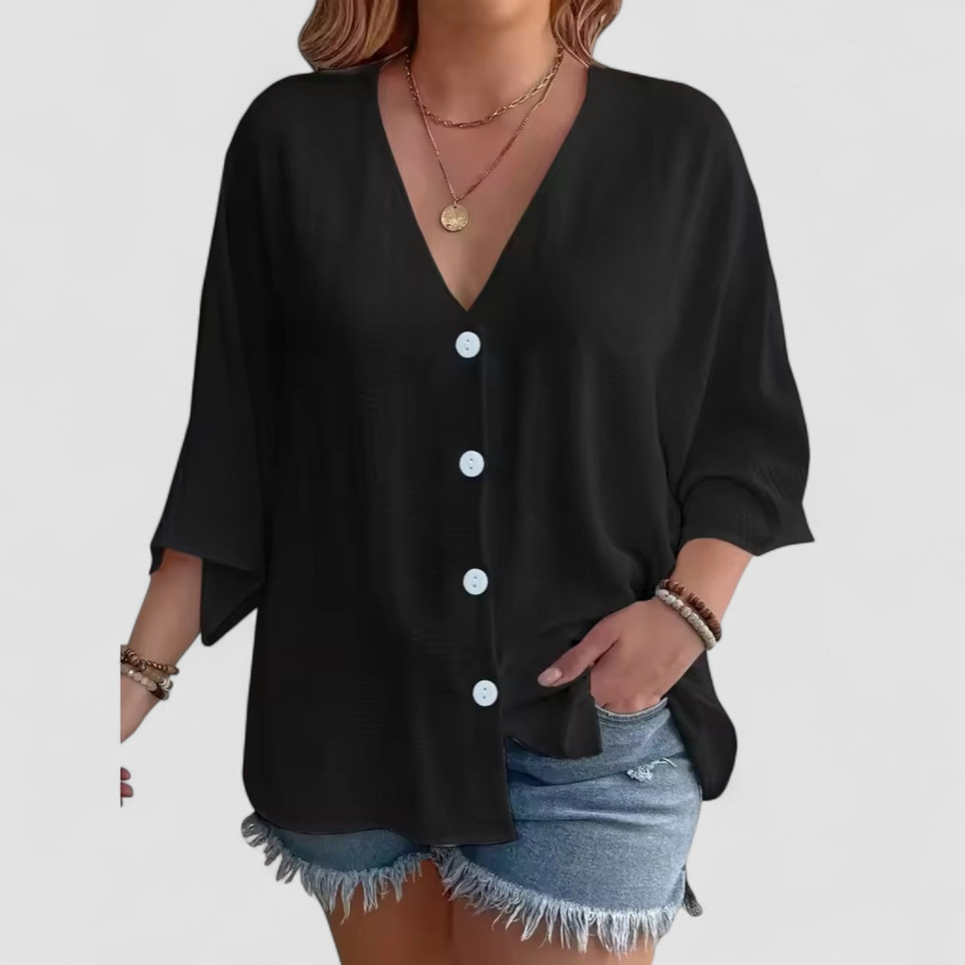 Signe – Bluse med knapper og ¾ ærmer 
