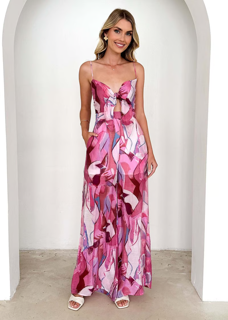 Annalise - Chic Printed Suspender Strap Lang Kjole