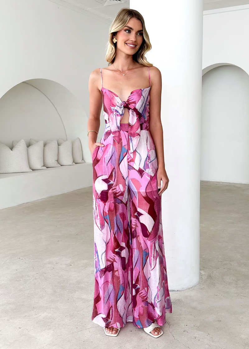 Annalise - Chic Printed Suspender Strap Lang Kjole