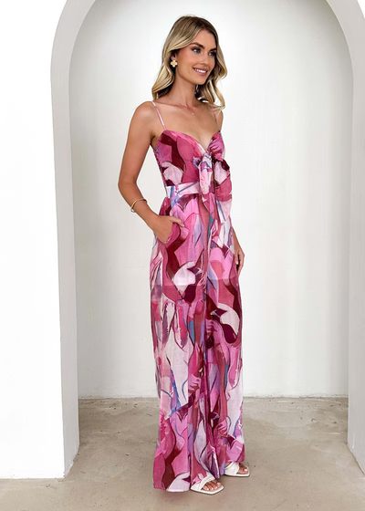 Annalise - Chic Printed Suspender Strap Lang Kjole