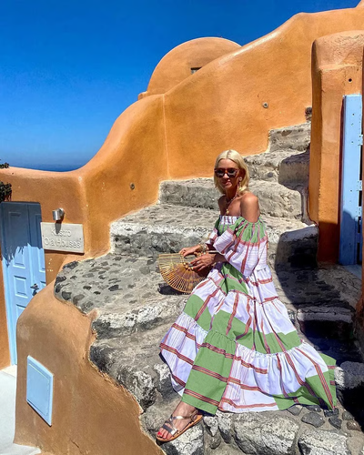 Seraphina - Luksuriøs maxikjole med off-shoulder-print og mexicansk print