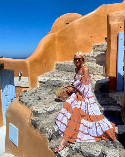 Seraphina - Luksuriøs maxikjole med off-shoulder-print og mexicansk print