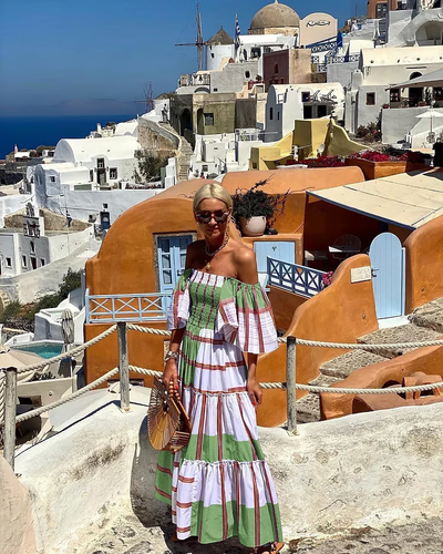 Seraphina - Luksuriøs maxikjole med off-shoulder-print og mexicansk print