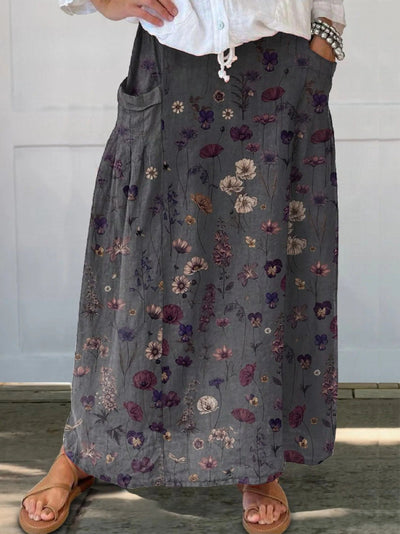 Nerys - Elegant nederdel med blomsterprint og lomme i hør
