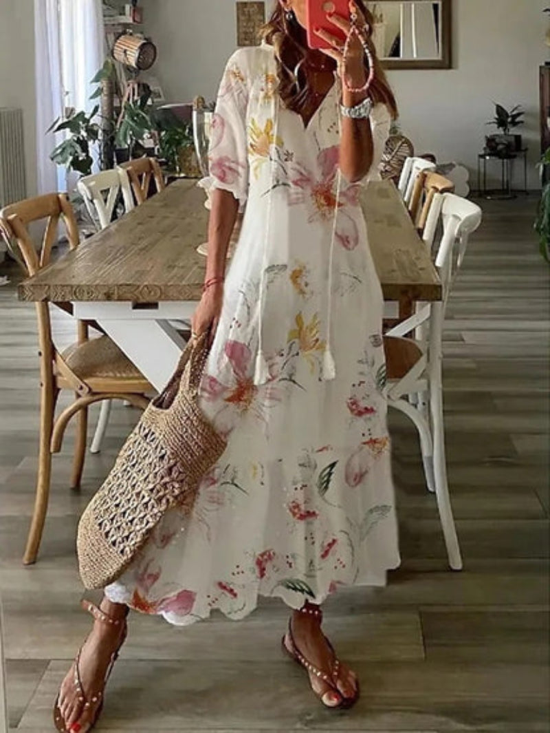 Andrea - Boho Vintage V-hals Printet Kjole 