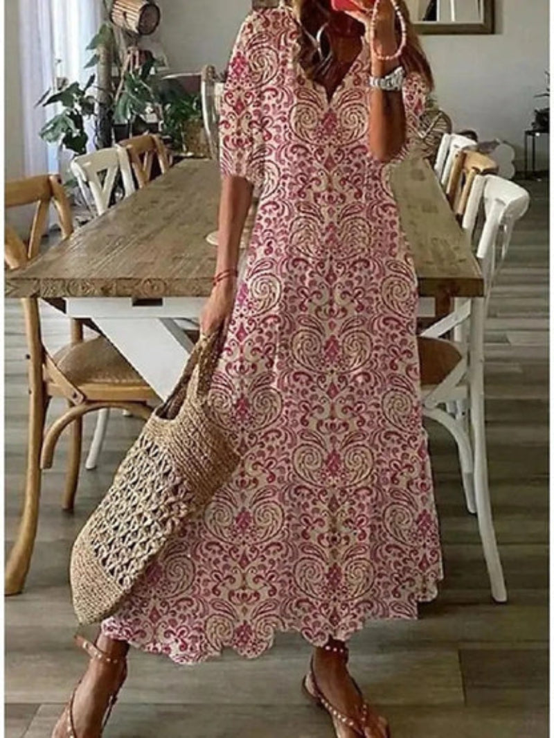 Andrea - Boho Vintage V-hals Printet Kjole 